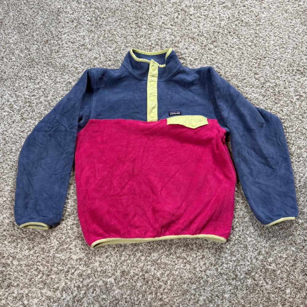 Patagonia Synchilla Fleece Pullover Kids Large 12 Pink Blue Snap-T Sweater